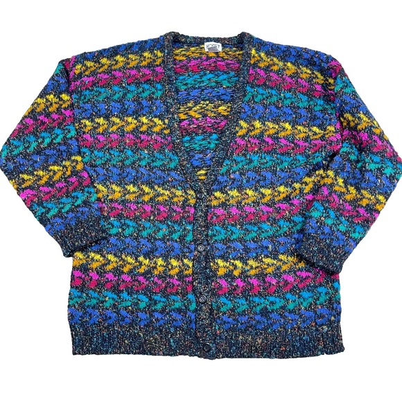 Koret Sweaters - Vintage Koret Cardigan Sweater Women XL Multi Pink Blue‎ 90s Grandpa Boho Knit